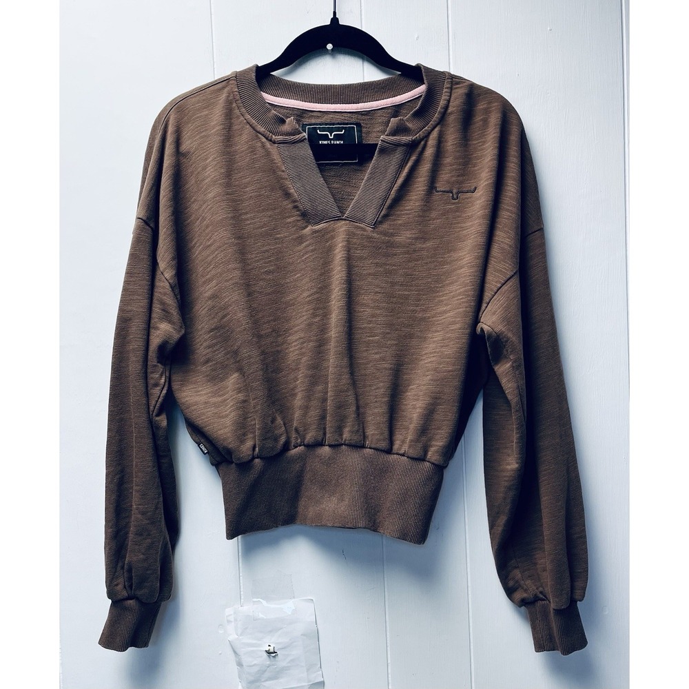 Kimes Ranch S Brown Cropped Dewey V Neck Sweatshirt Cowgirl Ranch Frontier Boho